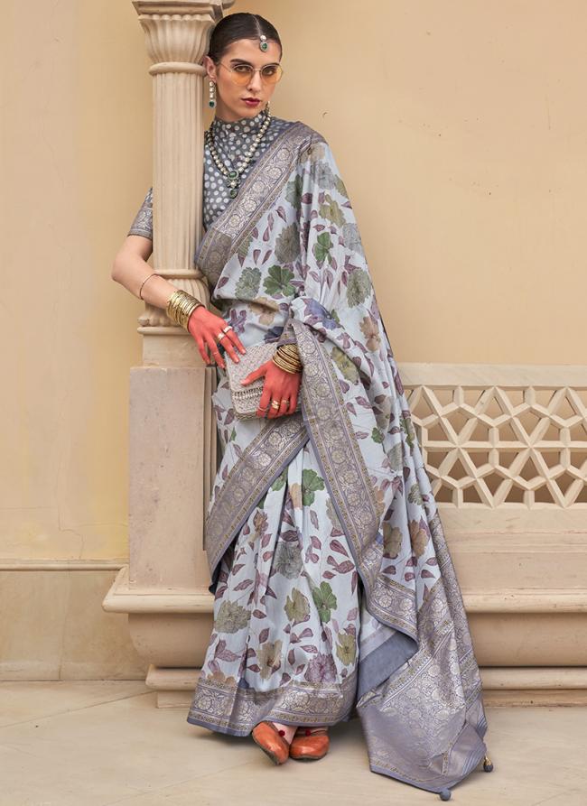 Pv Silk  Light Grey Wedding Wear Floral Print Saree